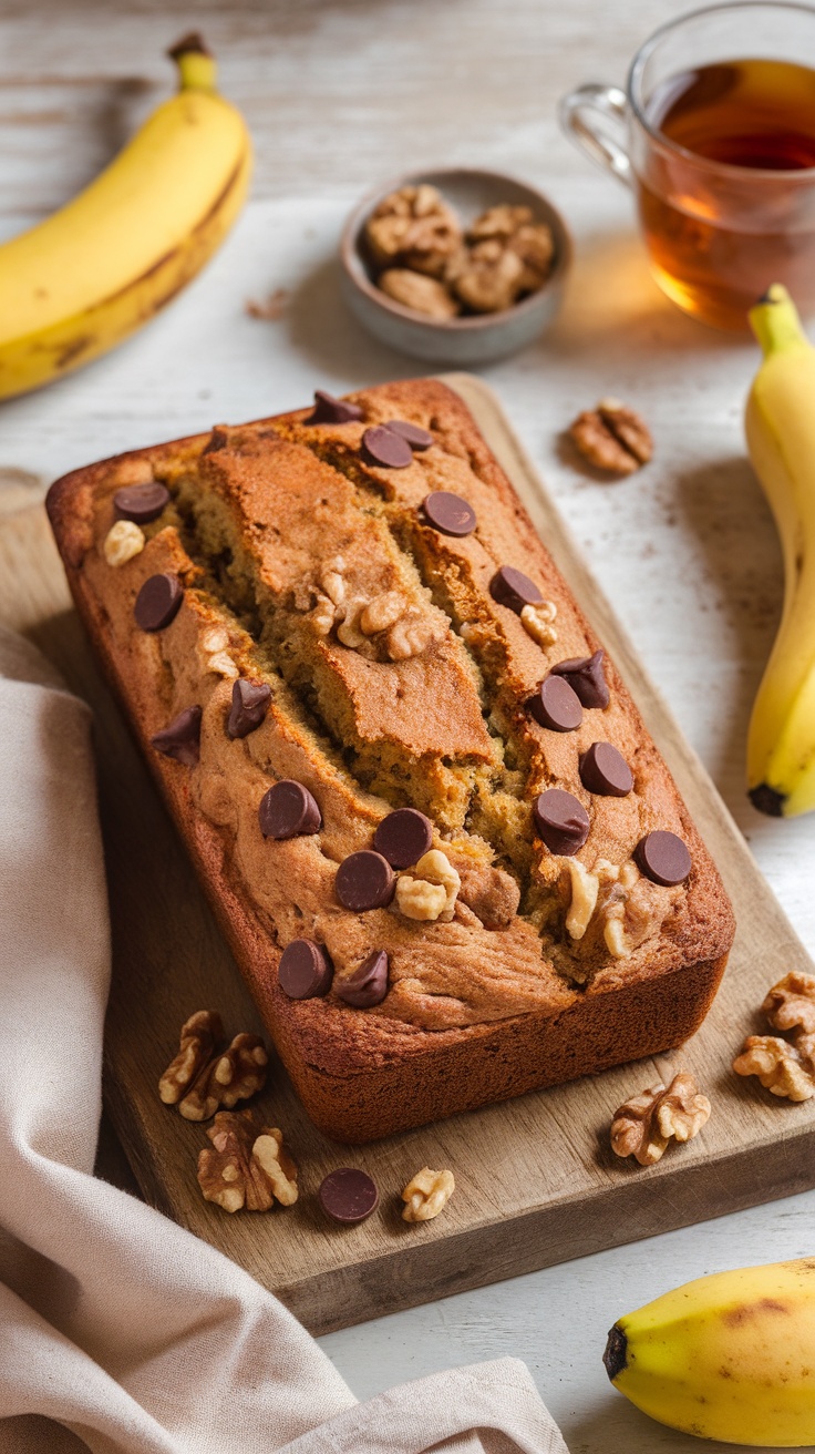 Moist and Delicious Vegan Banana Bread Recipe A loaf of vegan banana bread with chocolate chips and walnuts on a wooden board, accompanied by ripe bananas.